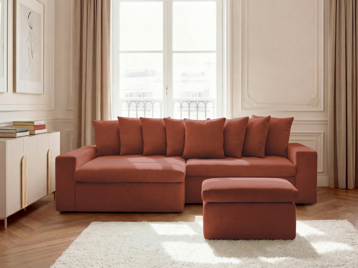 ENORE vaste hoekbank in gladde stof met voetenbank