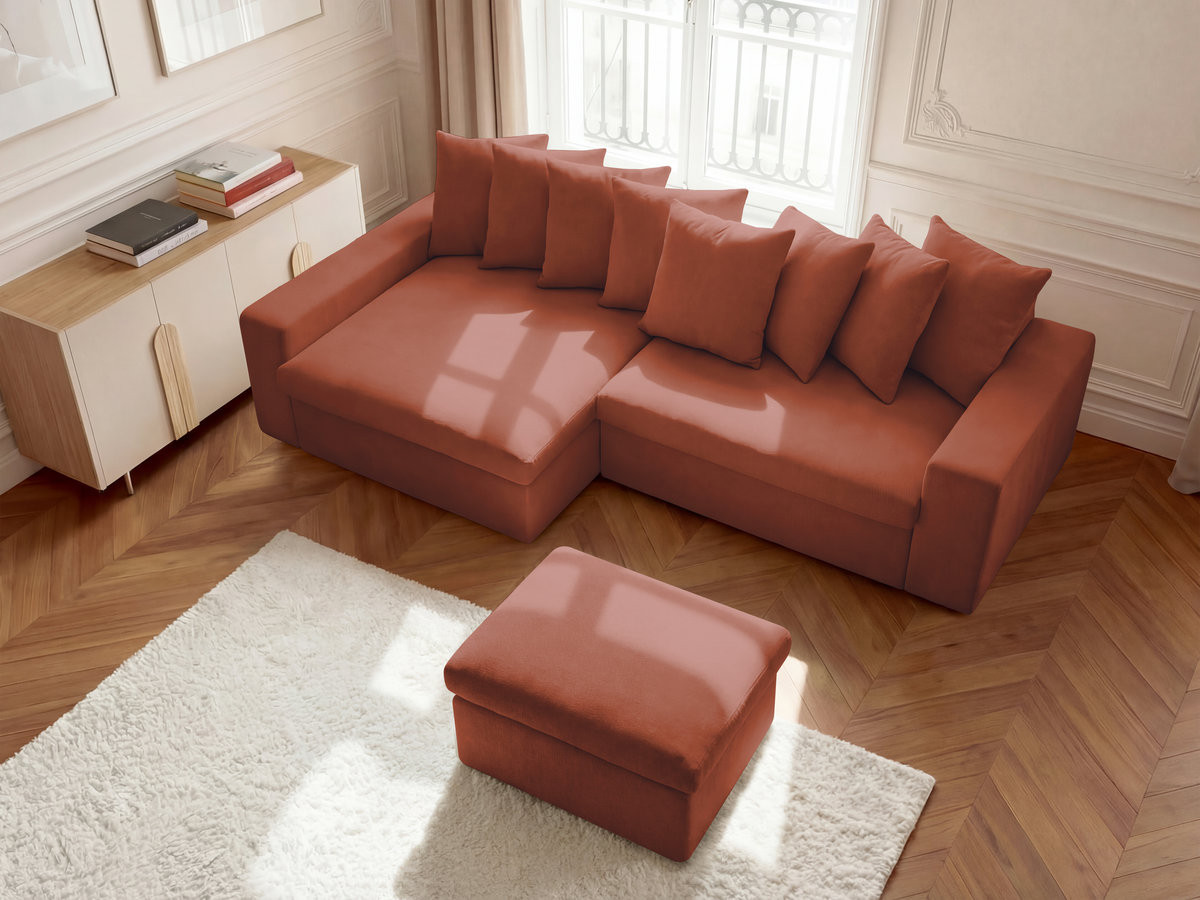 ENORE vaste hoekbank in gladde stof met voetenbank