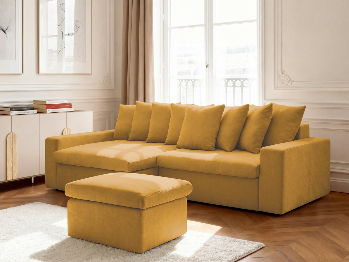 Canapé d'angle ENORE lisse avec pouf jaune
