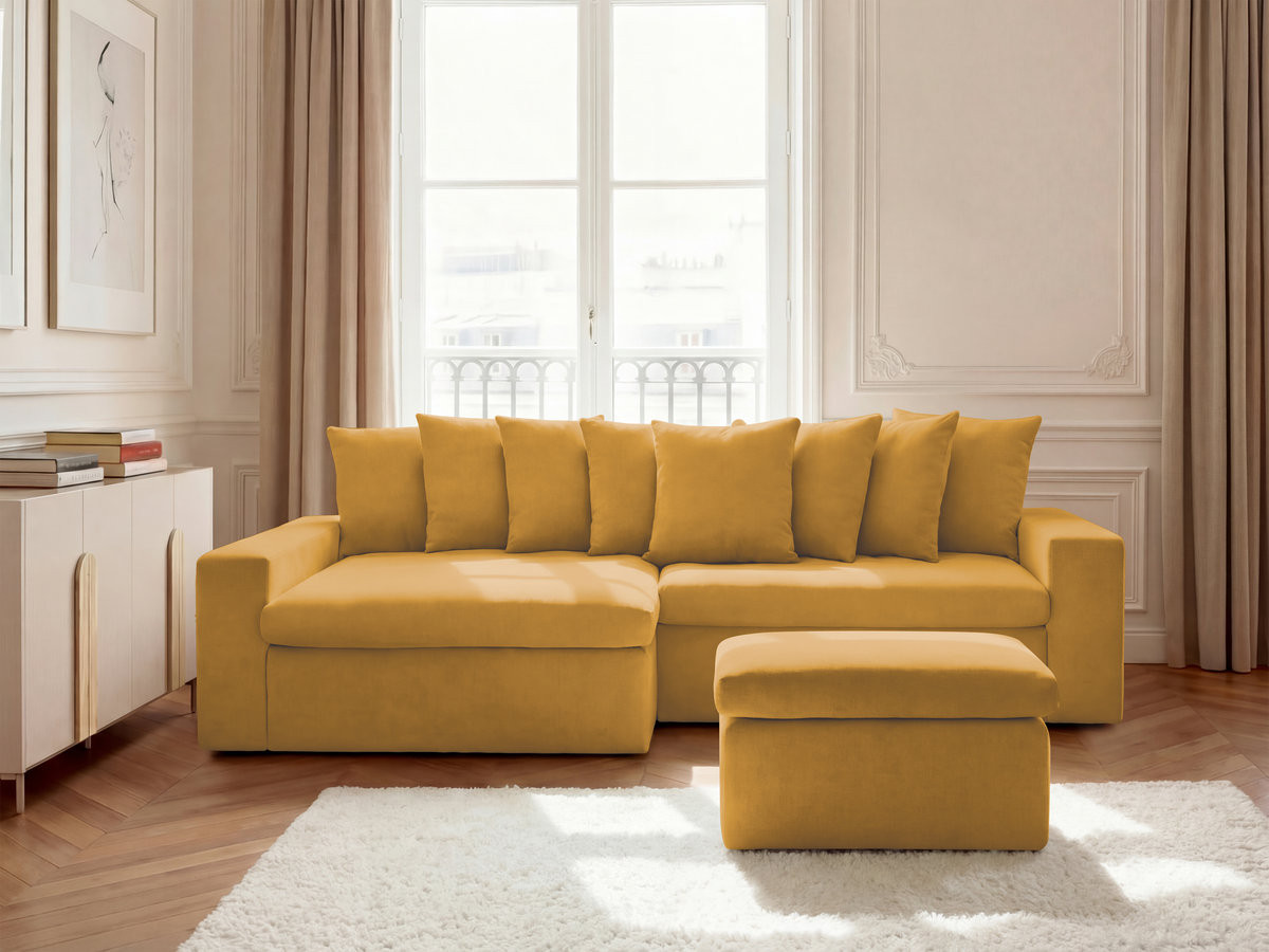 Canapé d'angle ENORE lisse avec pouf jaune — vue 4