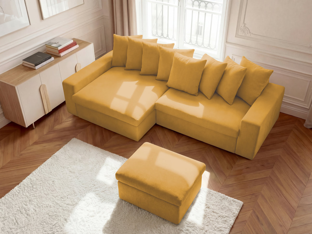 Canapé d'angle ENORE lisse avec pouf jaune — vue 6