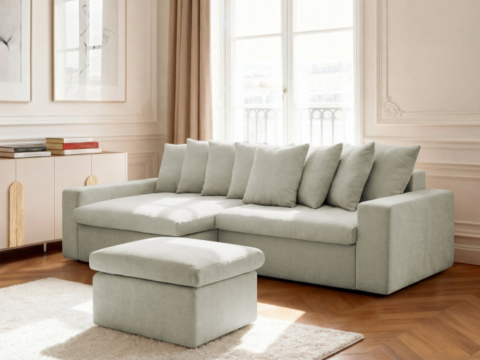 Canapé d'angle fixe ENORE tissu lisse avec pouf