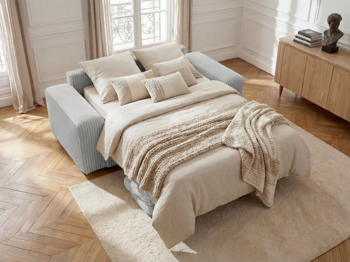 Canapé droit convertible IBIZA velours côtelé gris clair — vue 6