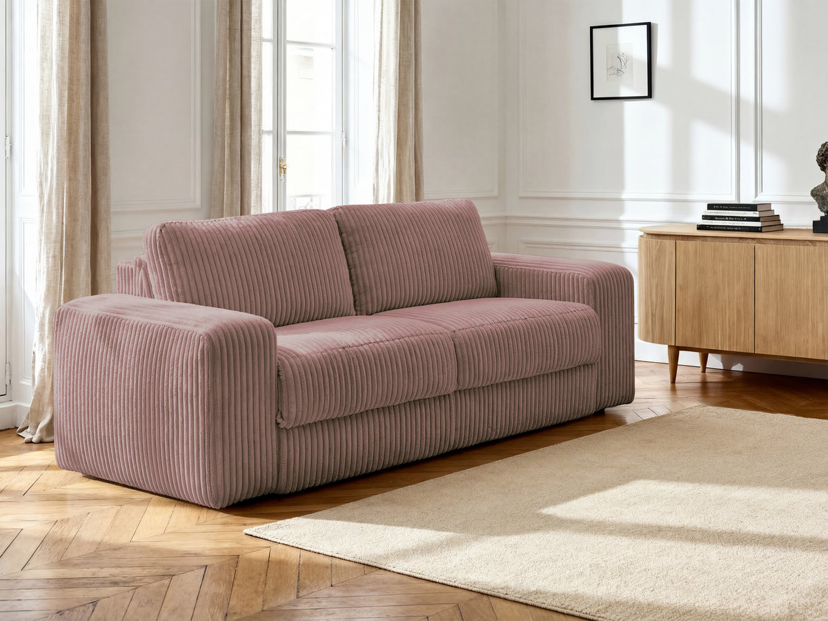 Canapé droit convertible IBIZA velours côtelé rose
