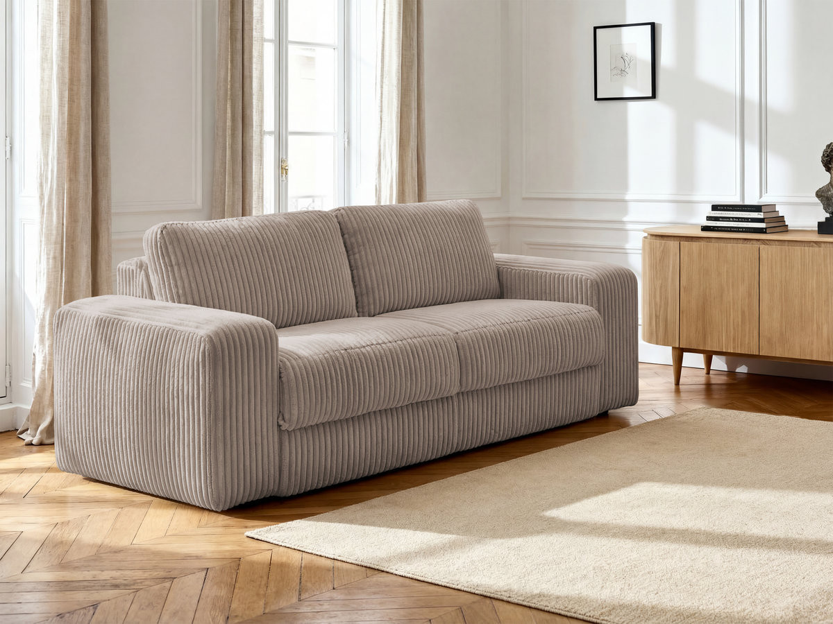 Canapé droit convertible IBIZA velours côtelé taupe