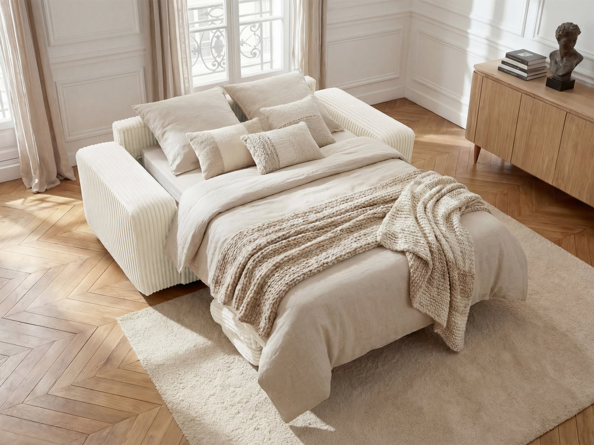 Canapé droit convertible IBIZA velours côtelé beige — vue 6