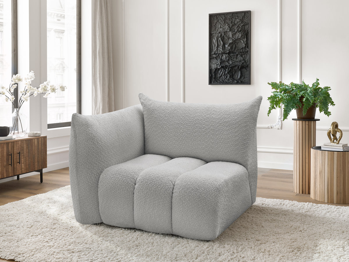 Chauffeuse 1 place avec accoudoir pour canapé modulable AZRA tissu bouclette gris clair angle gauche BOBOCHIC 1 places