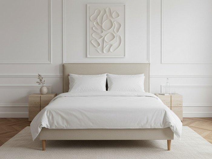 Lit SARY en 140 x 190 cm, matelas APOLLINE, couette chaude en 220 x 240 cm et deux oreillers RE-DREAM en 60 x 60 cm