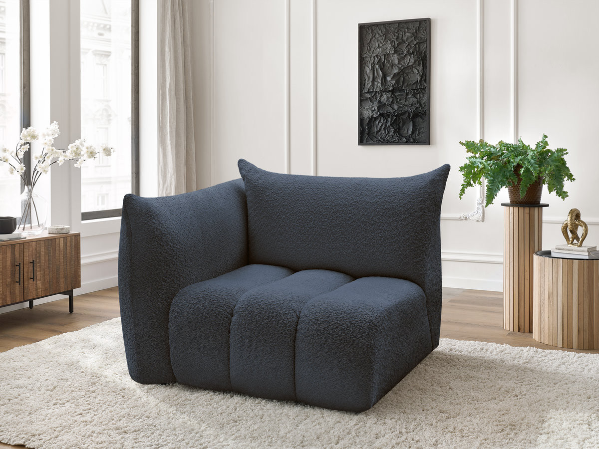 Chauffeuse 1 place avec accoudoir pour canapé modulable AZRA tissu bouclette bleu foncé  angle gauche BOBOCHIC 1 places