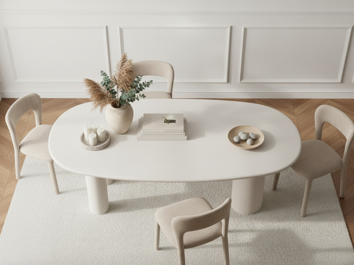 Ensemble CONSTANCE avec table à manger ovale 200 cm beige effet béton + 4 chaises PIA