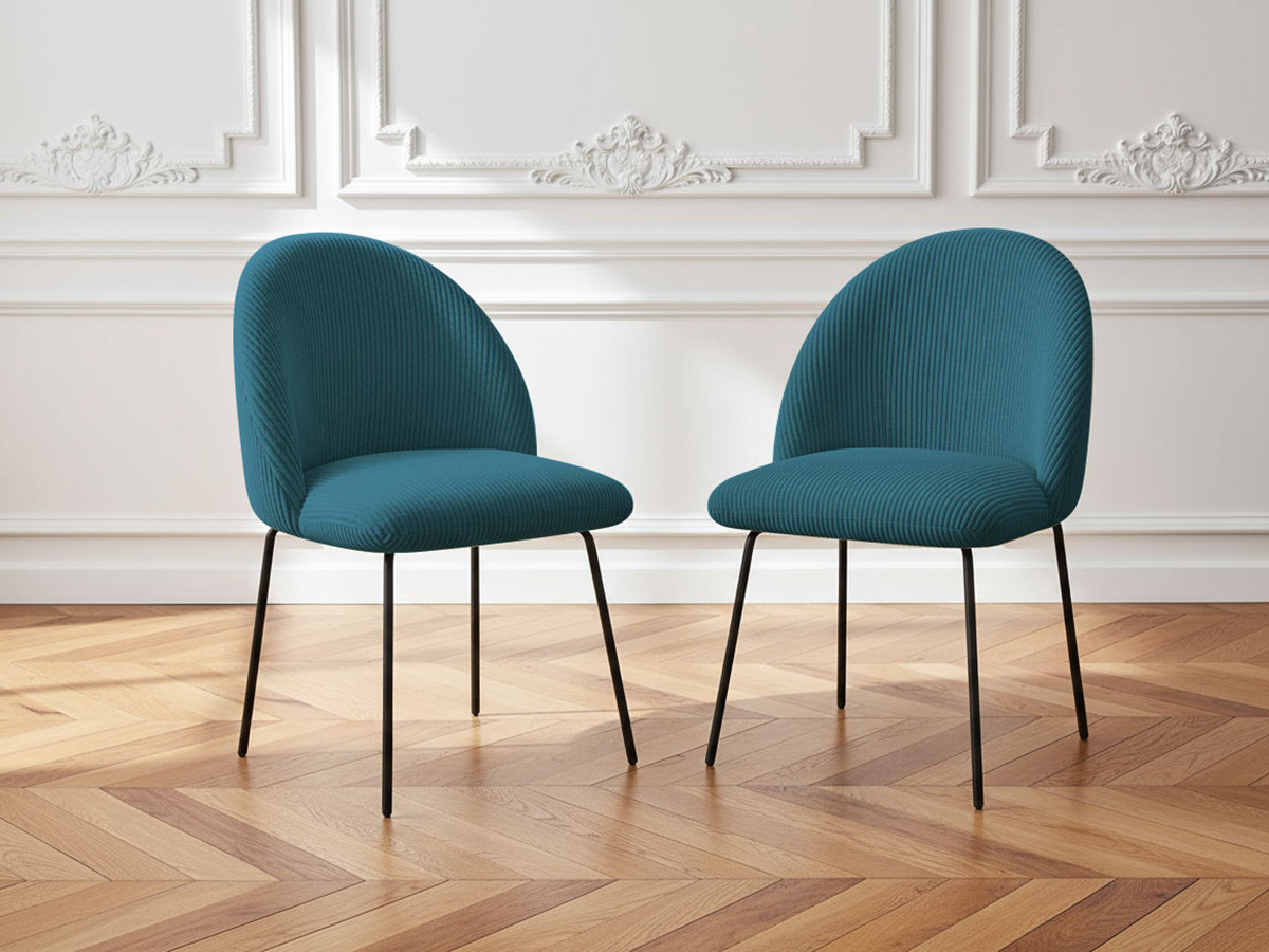 Lot de chaises LALIE velours côtelé et pieds métal noir bleu foncé