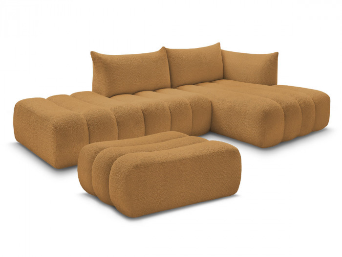 Canapé d'angle fixe modulable AZRA tissu bouclette avec pouf