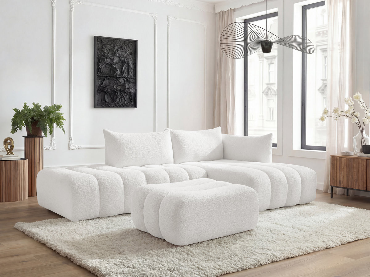 Canapé d'angle modulable AZRA bouclette avec pouf blanc