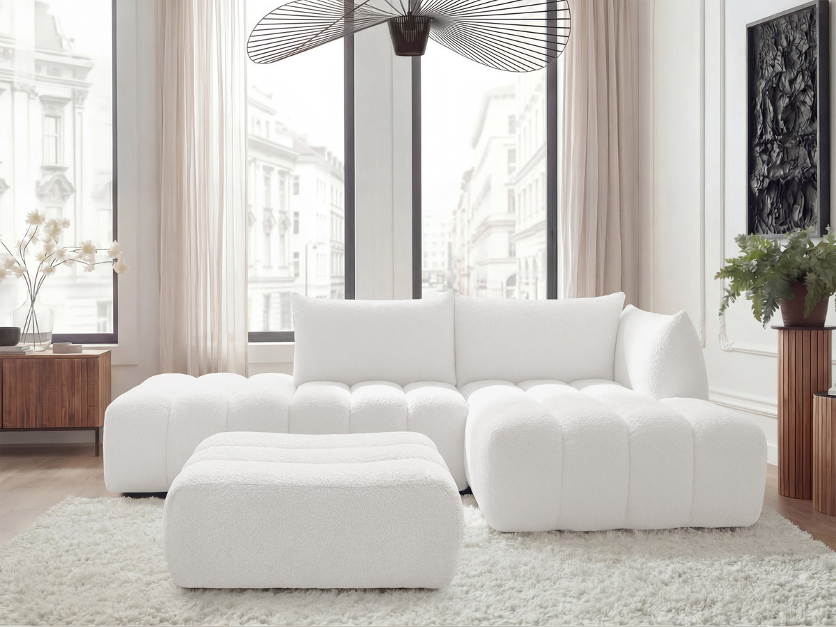 Canapé d'angle modulable AZRA bouclette avec pouf blanc — vue 4
