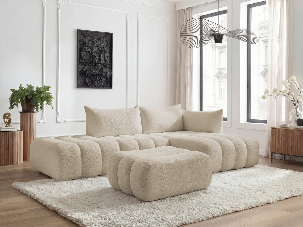 Canapé d'angle modulable AZRA bouclette avec pouf beige