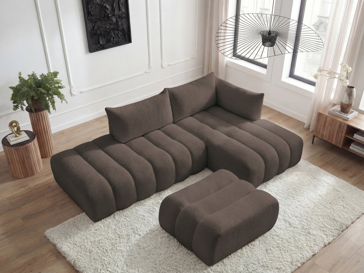 Canapé d'angle fixe modulable AZRA tissu bouclette avec pouf
