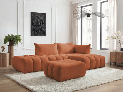 Canapé d'angle fixe modulable AZRA tissu bouclette avec pouf