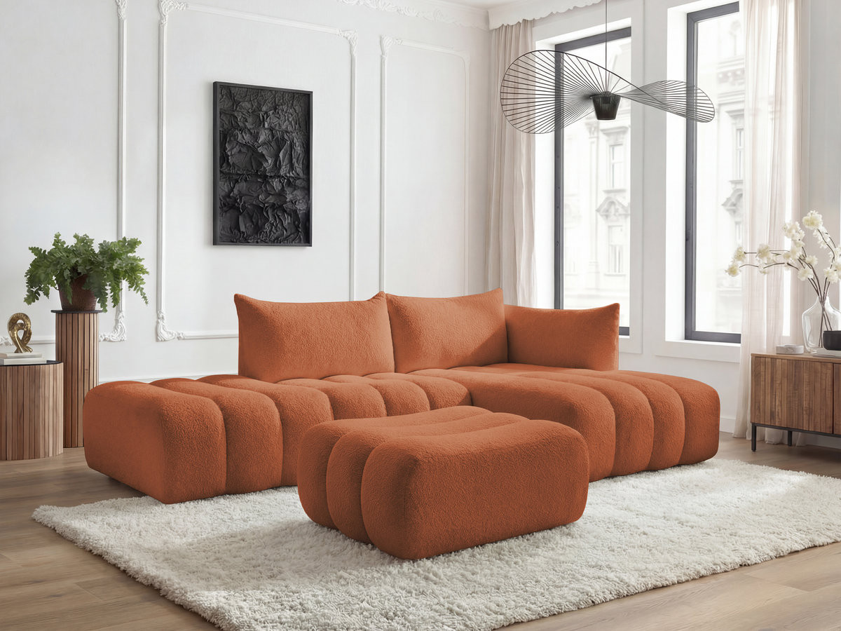 Canapé d'angle modulable AZRA bouclette avec pouf orange