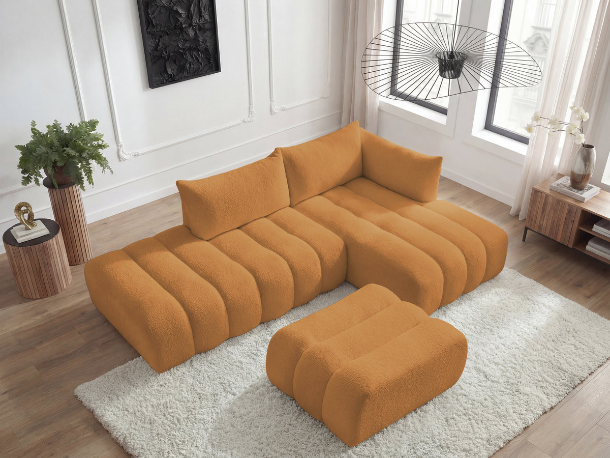 Canapé d'angle fixe modulable AZRA tissu bouclette avec pouf
