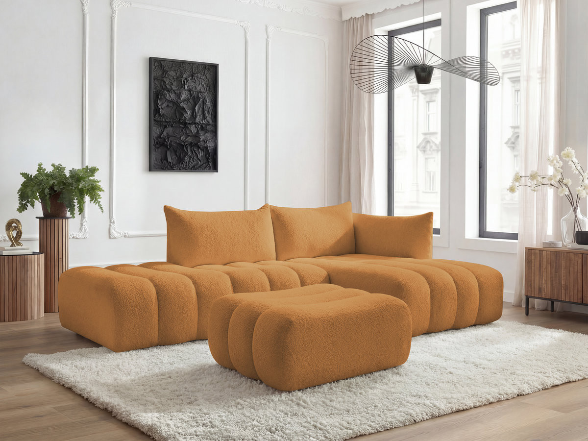 Canapé d'angle fixe modulable AZRA tissu bouclette avec pouf