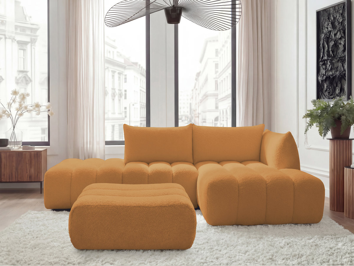 Canapé d'angle fixe modulable AZRA tissu bouclette avec pouf