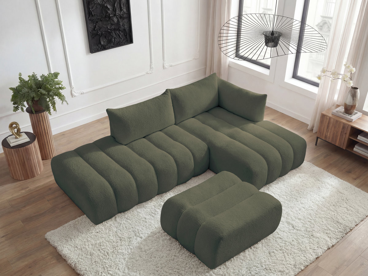 Canapé d'angle fixe modulable AZRA tissu bouclette avec pouf
