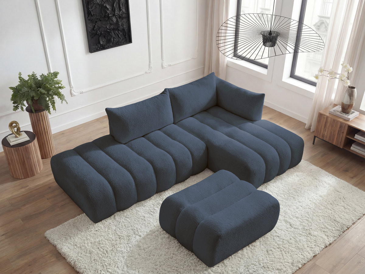 Canapé d'angle fixe modulable AZRA tissu bouclette avec pouf