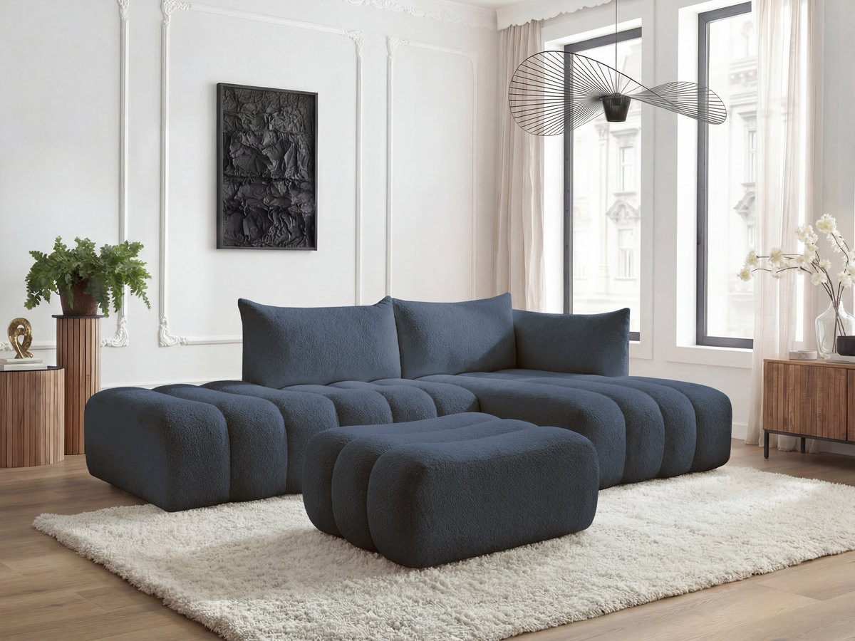 Canapé d'angle modulable AZRA bouclette avec pouf bleu foncé