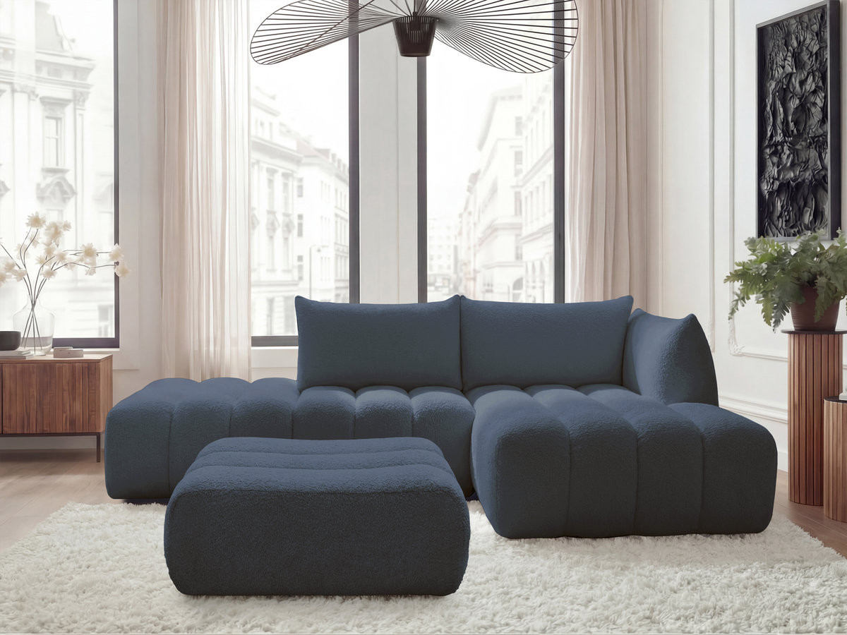 Canapé d'angle modulable AZRA bouclette avec pouf bleu foncé — vue 4