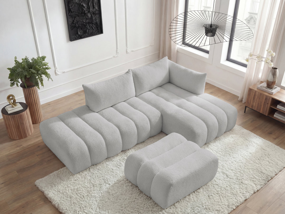 Canapé d'angle modulable AZRA bouclette avec pouf gris clair — vue 6