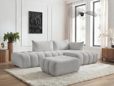 Canapé d'angle fixe modulable AZRA tissu bouclette avec pouf