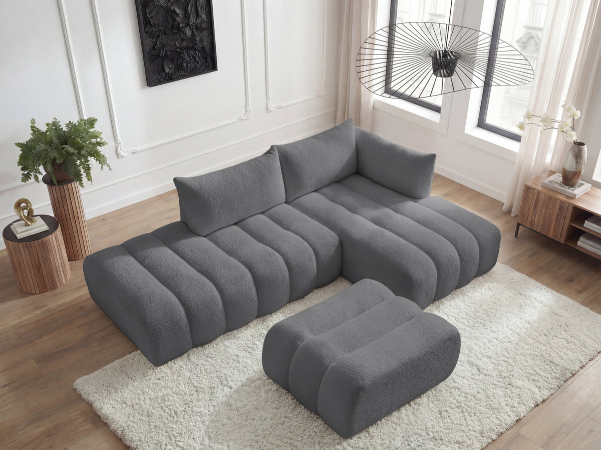 Canapé d'angle modulable AZRA bouclette avec pouf gris foncé — vue 6