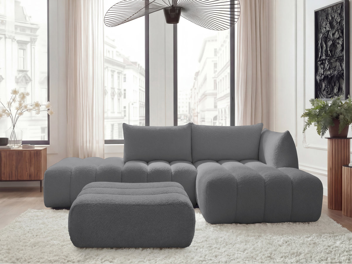 Canapé d'angle fixe modulable AZRA tissu bouclette avec pouf
