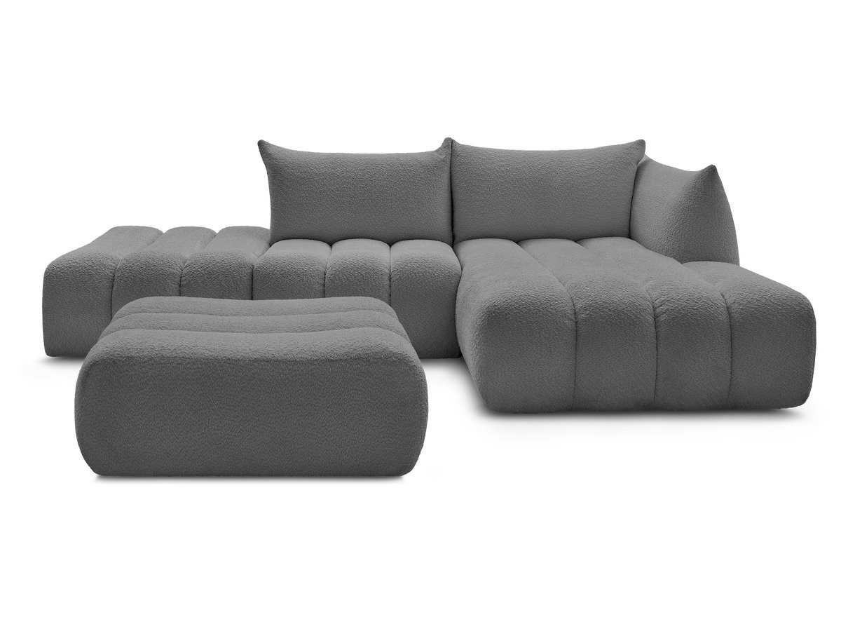 Canapé d'angle fixe modulable AZRA tissu bouclette avec pouf