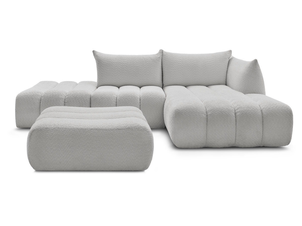 Canapé d'angle fixe modulable AZRA tissu bouclette avec pouf