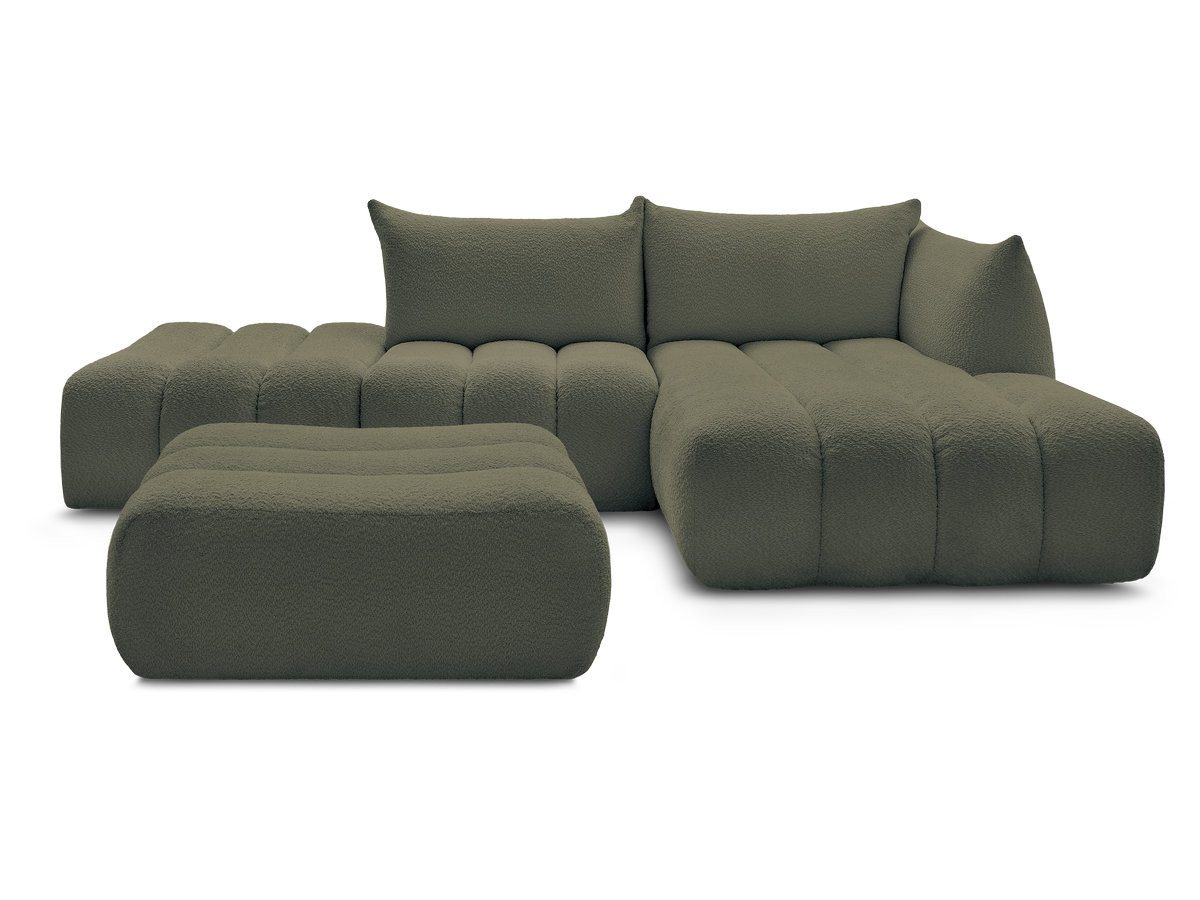 Canapé d'angle fixe modulable AZRA tissu bouclette avec pouf