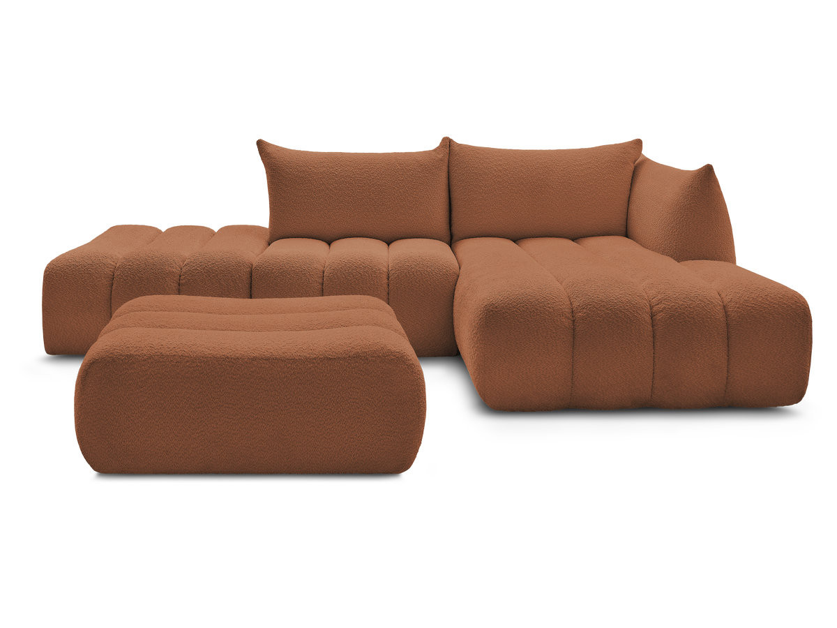 Canapé d'angle fixe modulable AZRA tissu bouclette avec pouf