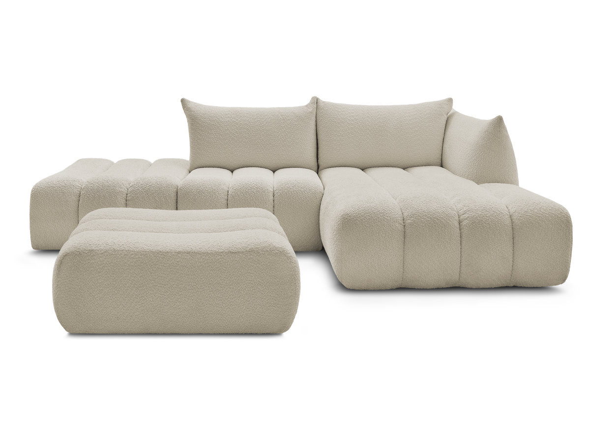 Canapé d'angle fixe modulable AZRA tissu bouclette avec pouf