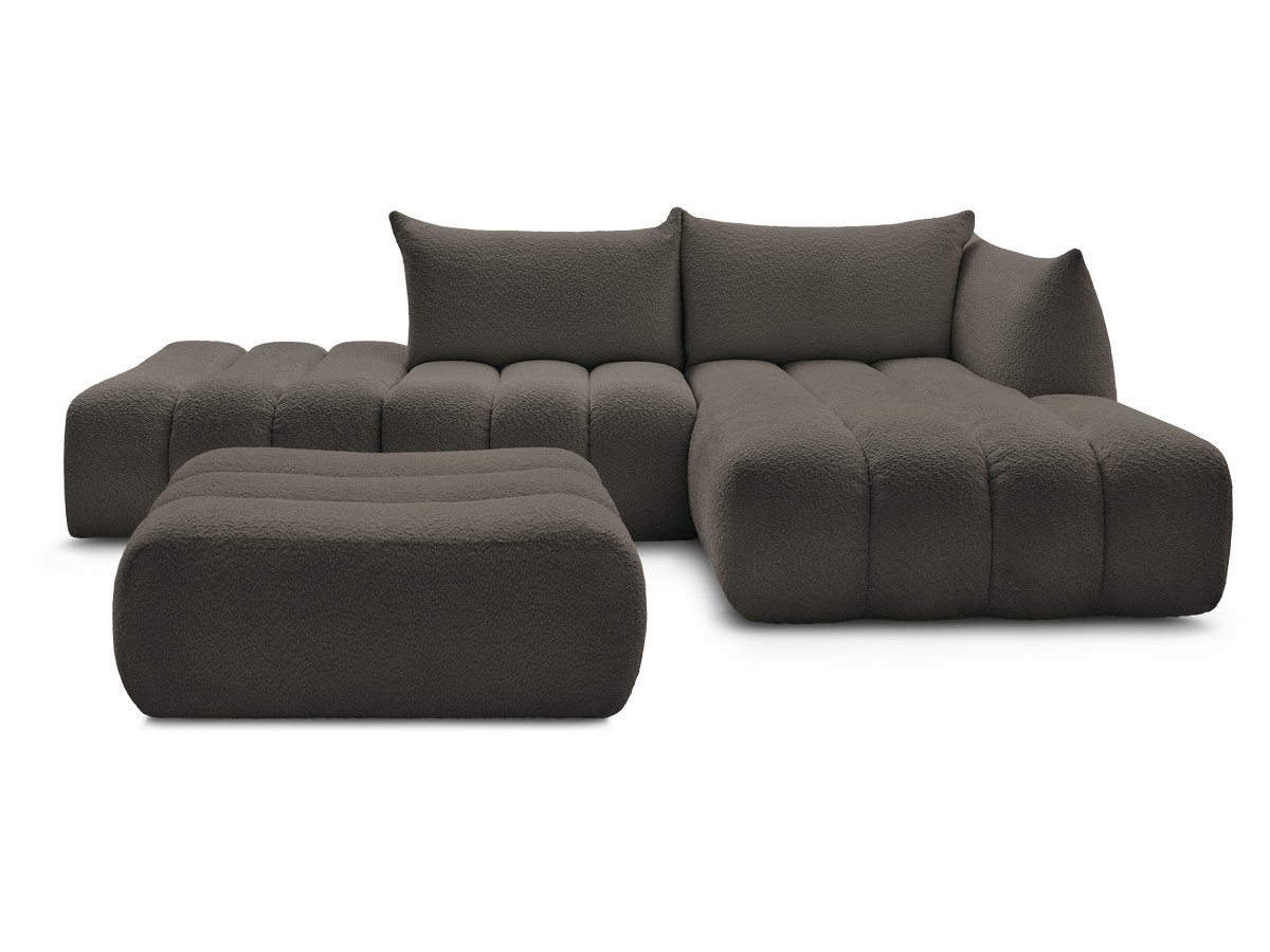 Canapé d'angle fixe modulable AZRA tissu bouclette avec pouf