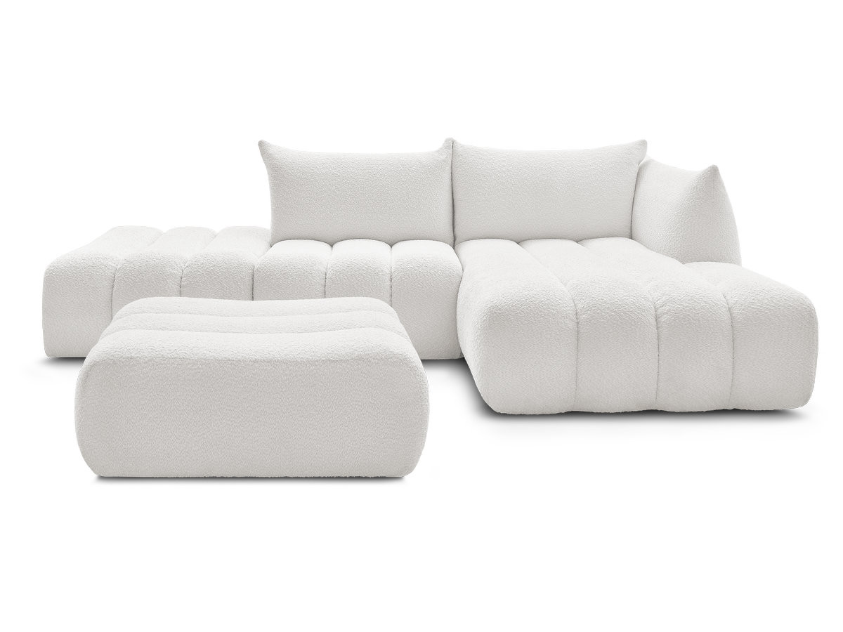 Canapé d'angle fixe modulable AZRA tissu bouclette avec pouf
