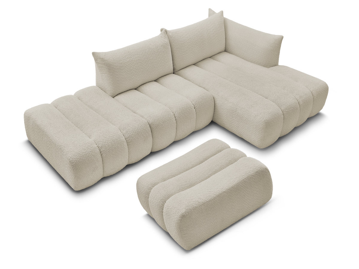 Canapé d'angle fixe modulable AZRA tissu bouclette avec pouf