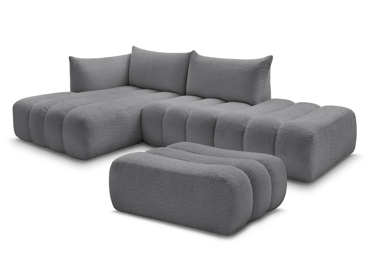 canapé d'angle fixe modulable azra tissu bouclette avec pouf de couleur gris foncé