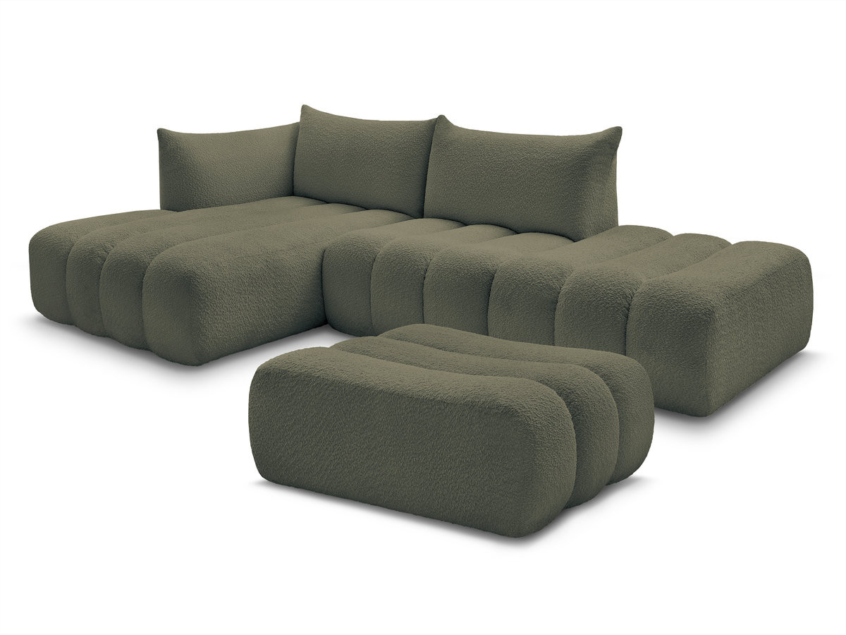 canapé d'angle fixe modulable azra tissu bouclette avec pouf de couleur vert