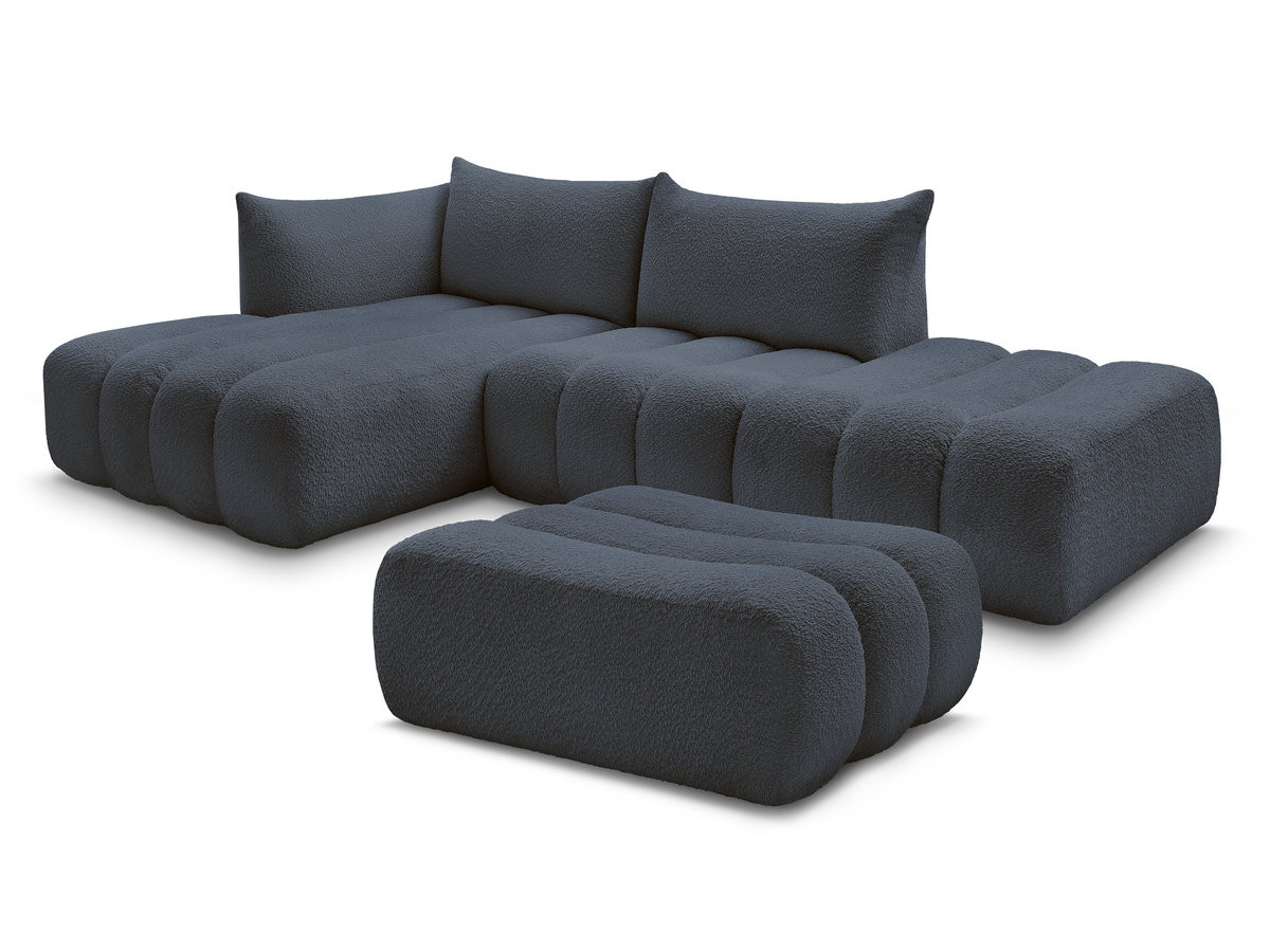 Canapé d'angle fixe modulable AZRA tissu bouclette avec pouf