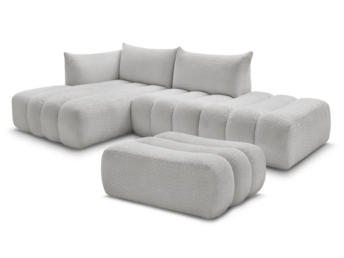 Canapé d'angle fixe modulable AZRA tissu bouclette avec pouf