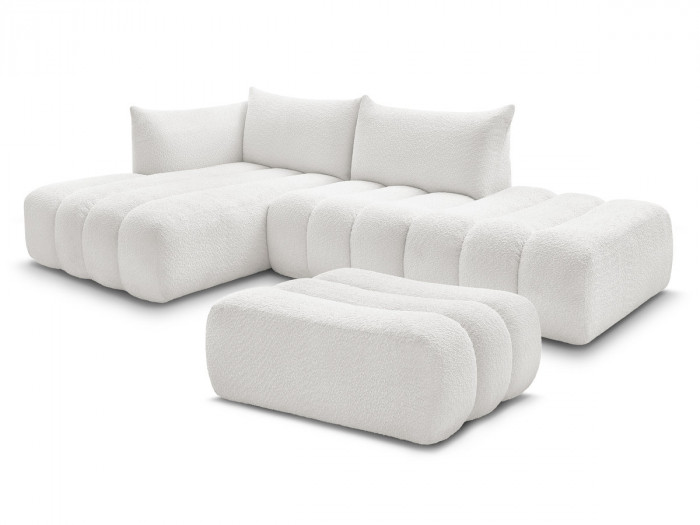 Canapé d'angle fixe modulable AZRA tissu bouclette avec pouf