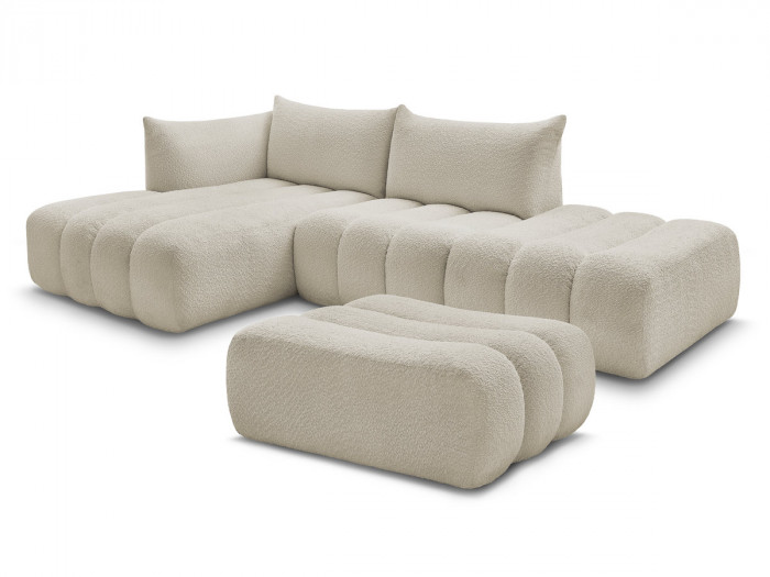 Canapé d'angle fixe modulable AZRA tissu bouclette avec pouf