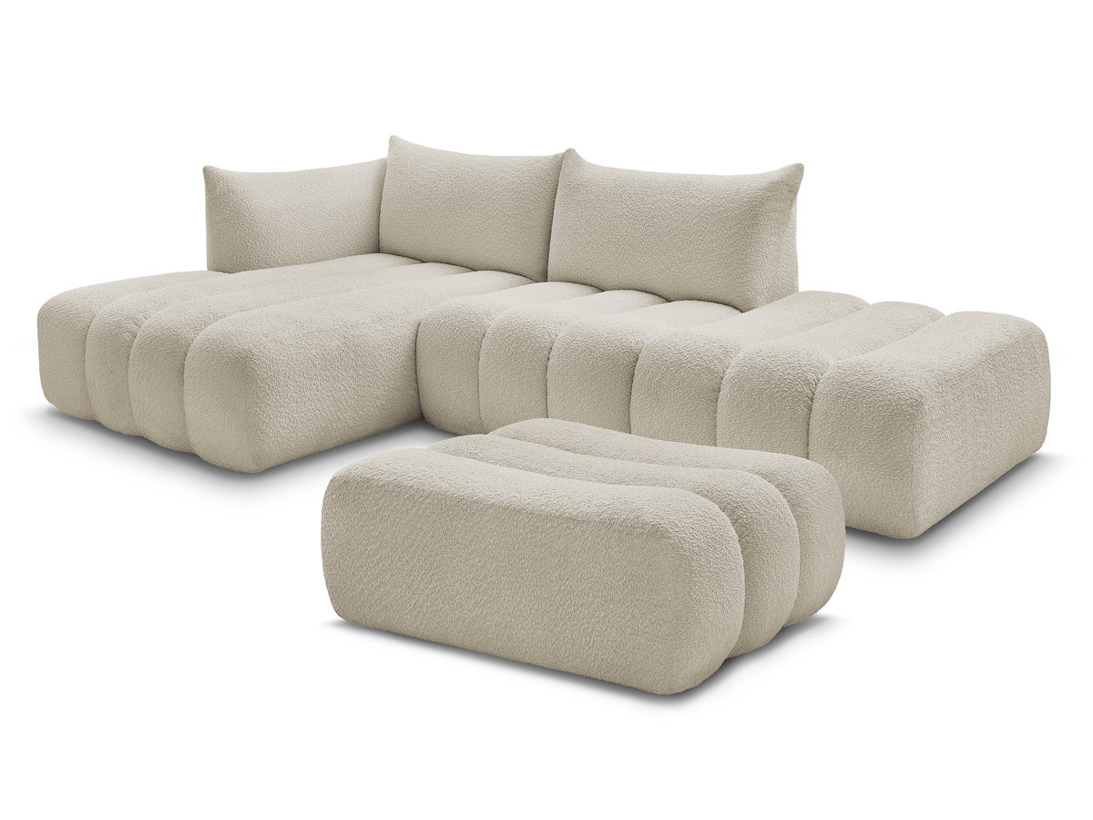 canapé d'angle fixe modulable azra tissu bouclette avec pouf de couleur beige