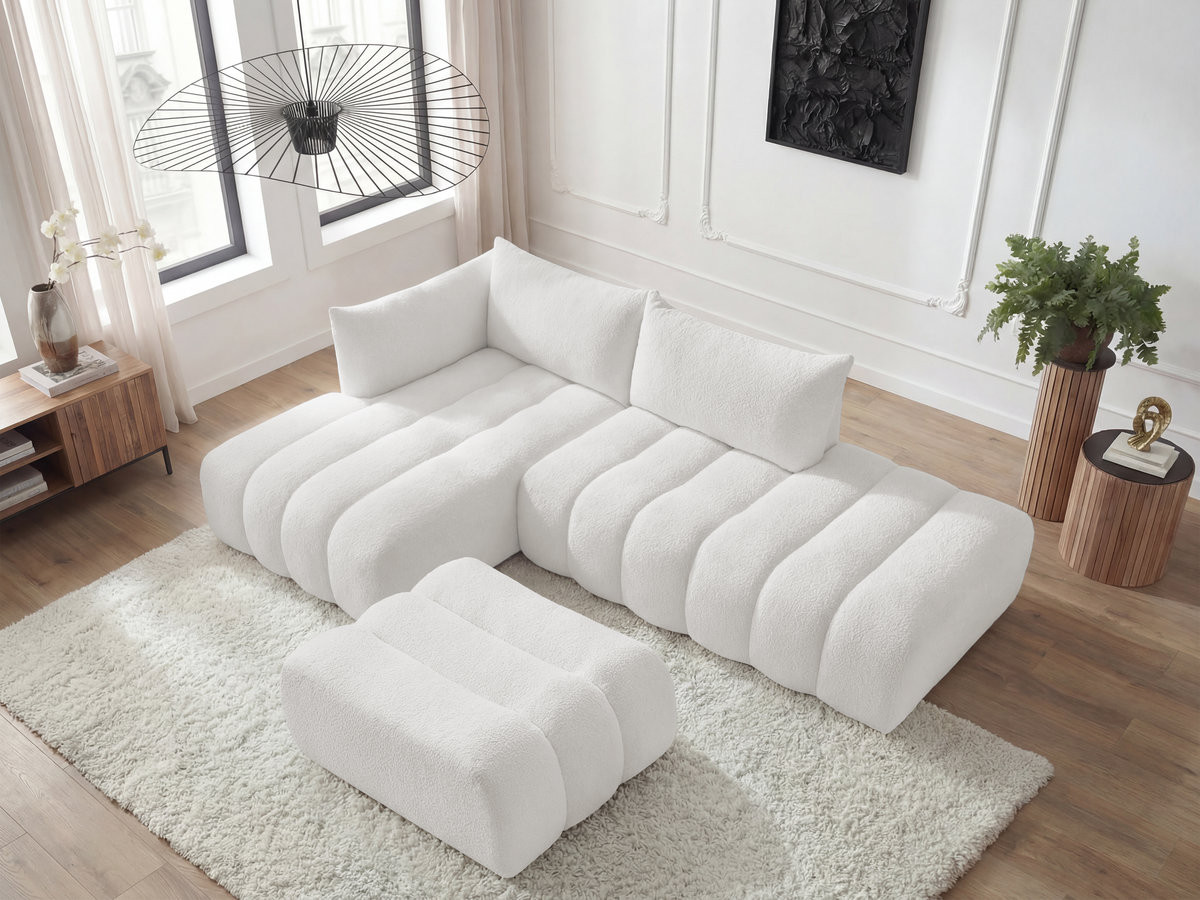 Canapé d'angle fixe modulable AZRA tissu bouclette avec pouf
