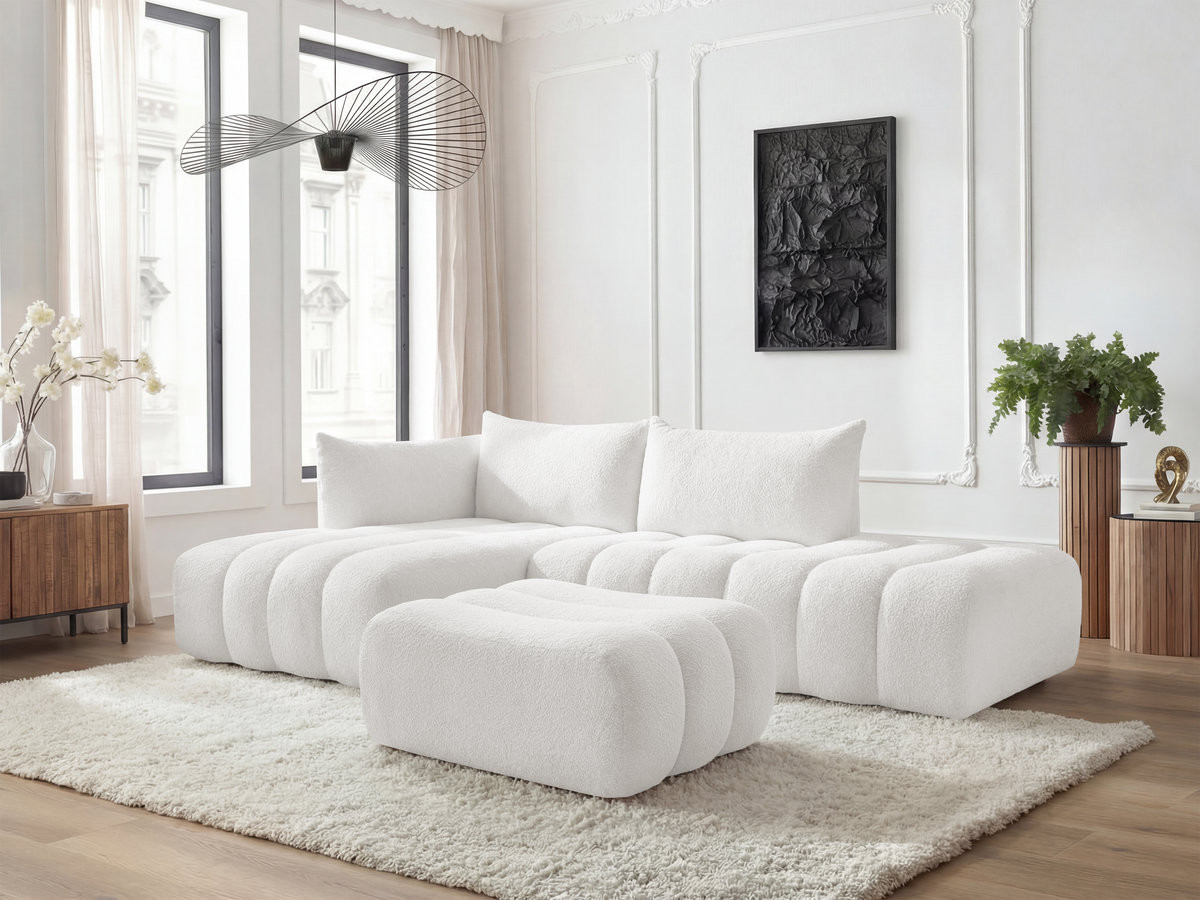 Canapé d'angle fixe modulable AZRA tissu bouclette avec pouf